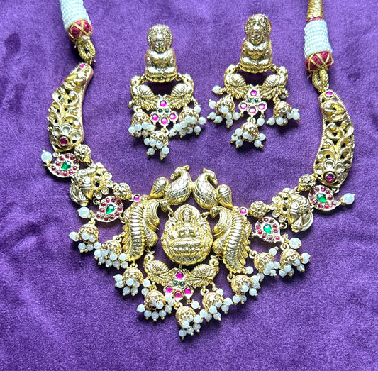 Antique Lakshmi Temple Choker Set with Pearl Drops