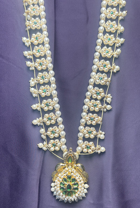Pearl & Green Stone Bridal Haar with Intricate Pendant