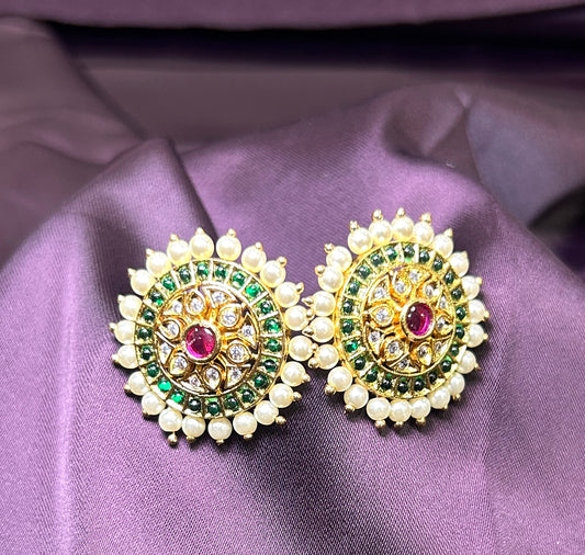 Royal Emerald & Pearl Stud Earrings