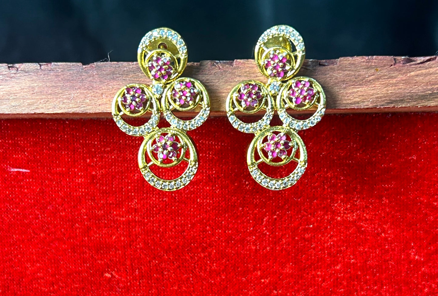 Floral Ruby & CZ Stone Stud Earrings