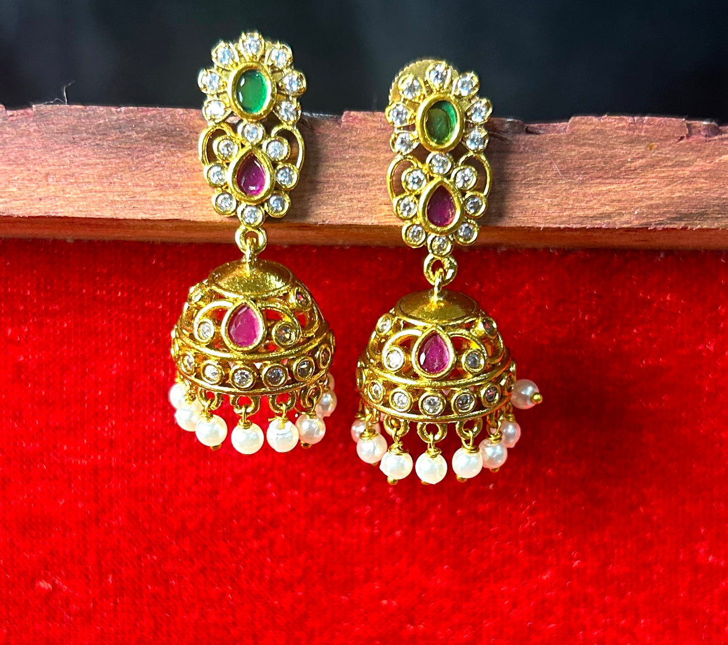 Emerald & Ruby Stone Jhumka Earrings with Pearls