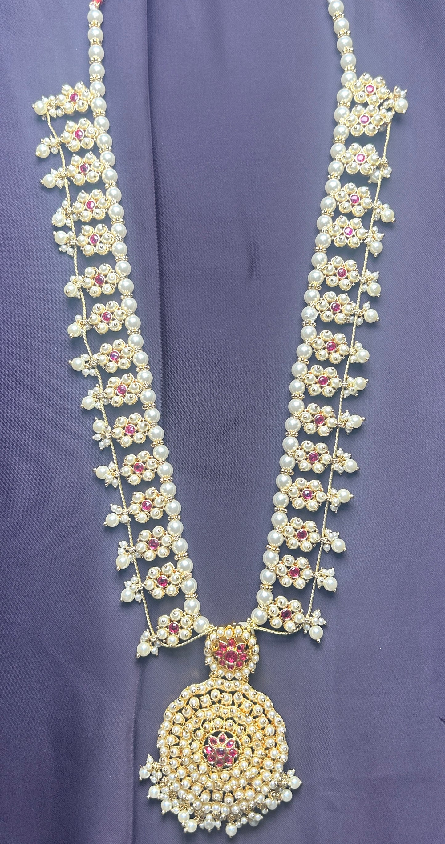 Traditional Pearl & Ruby Floral Haar with Grand Round Pendant