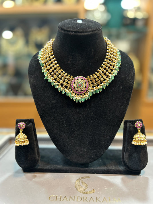 Emerald-Ruby Kundan Maharashtrian Hasli Set