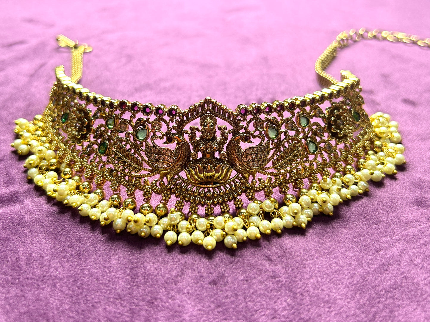 Antique Lakshmi Temple Choker Set with Pearl Drops