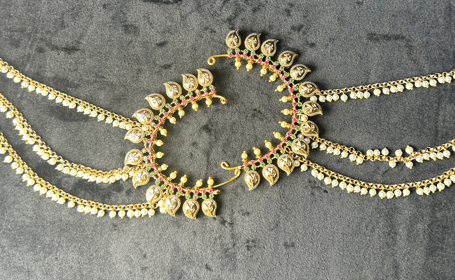 Antique Leaf Motif Ear Cuffs with Pearl Chains – Festive Heritage Design