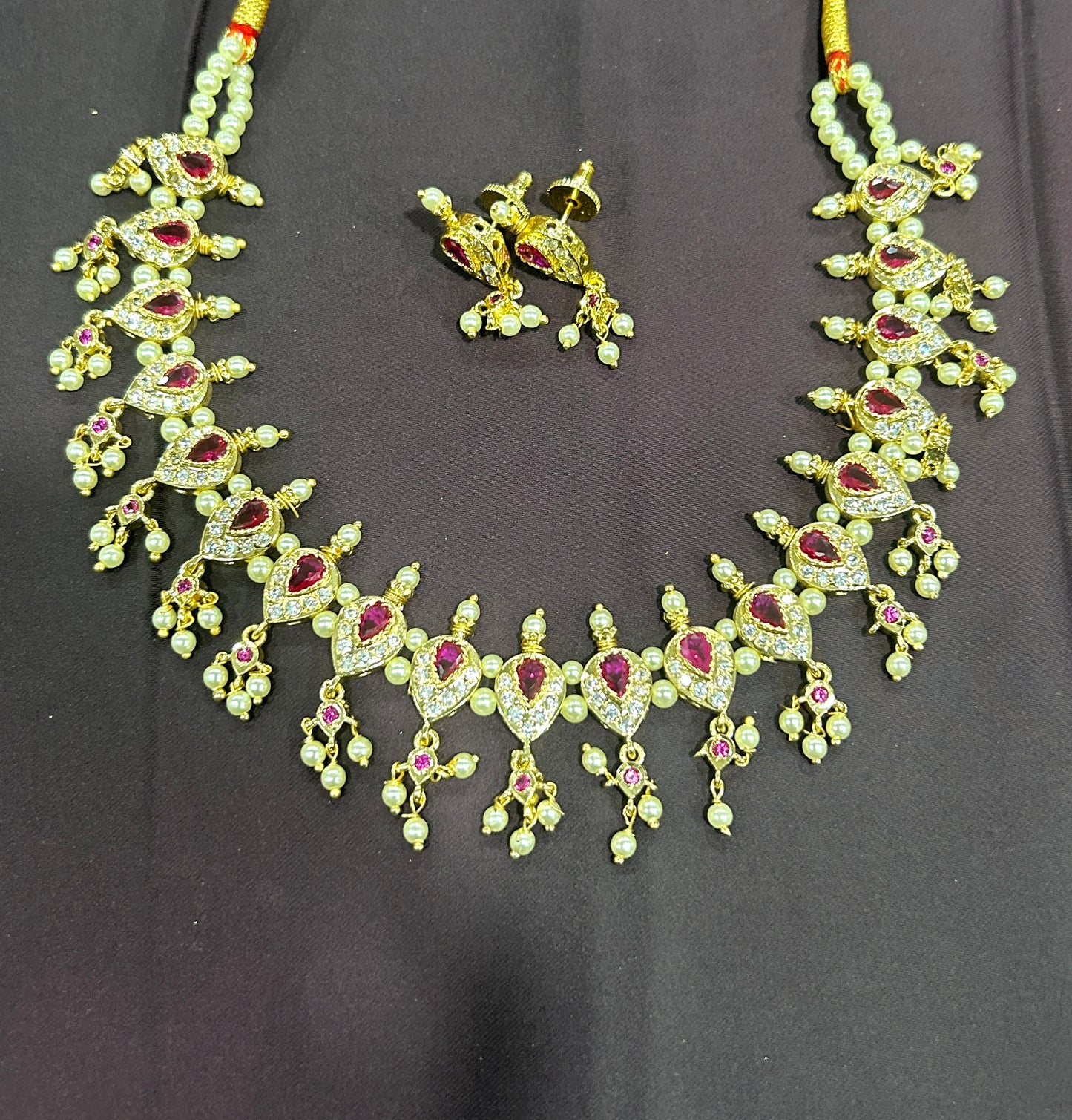 Pearl & Ruby Stone Bridal Necklace Set