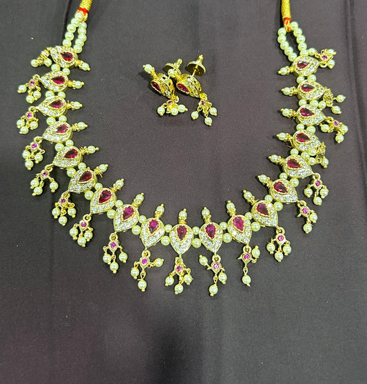 Pearl & Ruby Stone Bridal Necklace Set