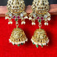 Lakshmi Motif Temple Jhumkas with Pearl & Emerald Drops