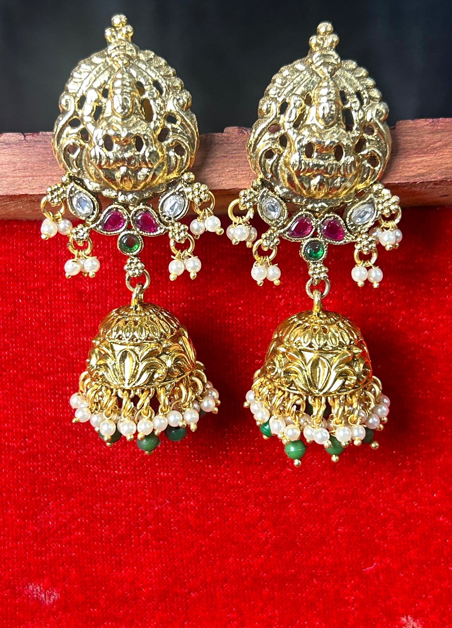 Lakshmi Motif Temple Jhumkas with Pearl & Emerald Drops