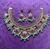 Statement Floral Meenakari Choker Set with Green Drops