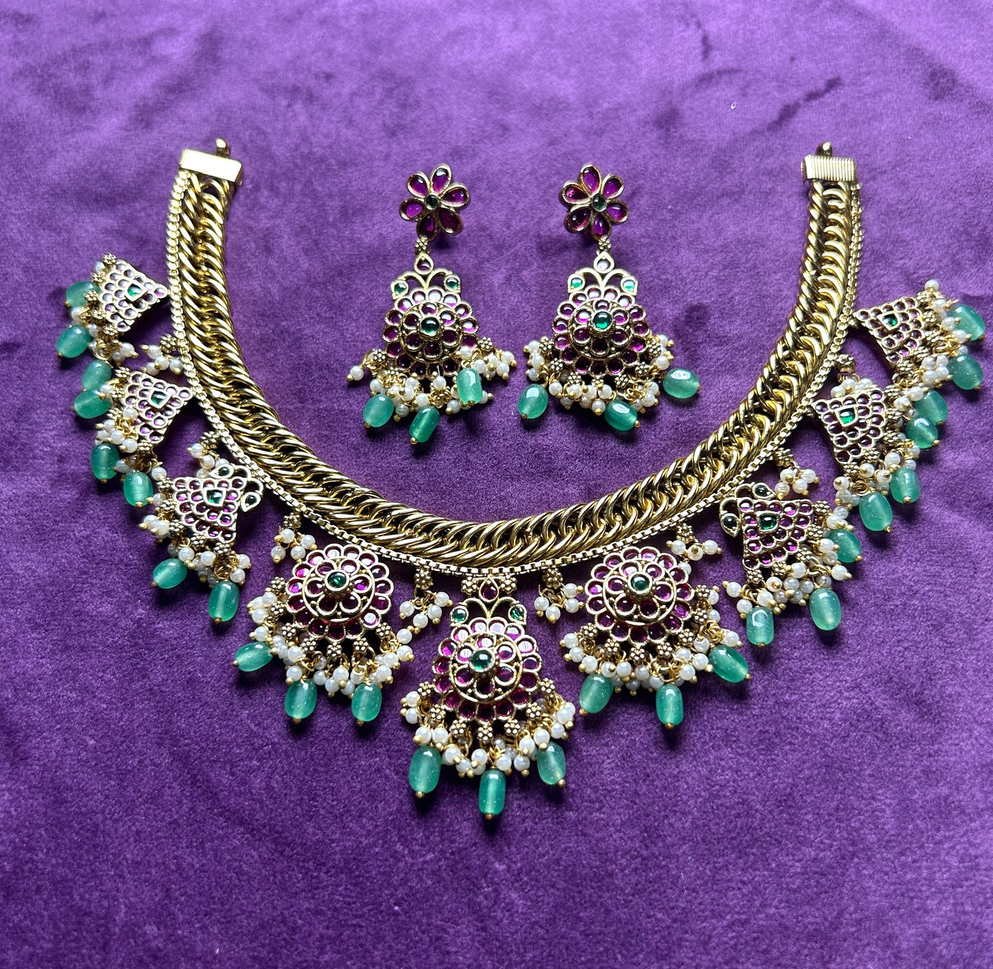 Statement Floral Meenakari Choker Set with Green Drops