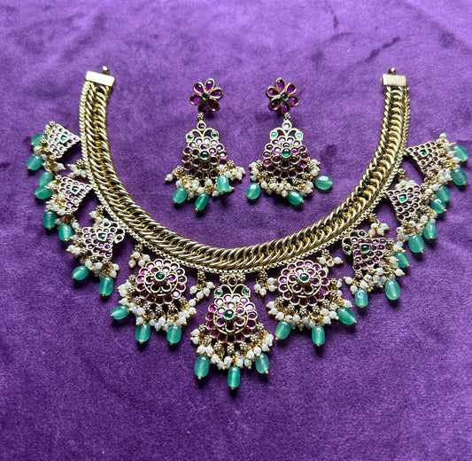 Statement Floral Meenakari Choker Set with Green Drops