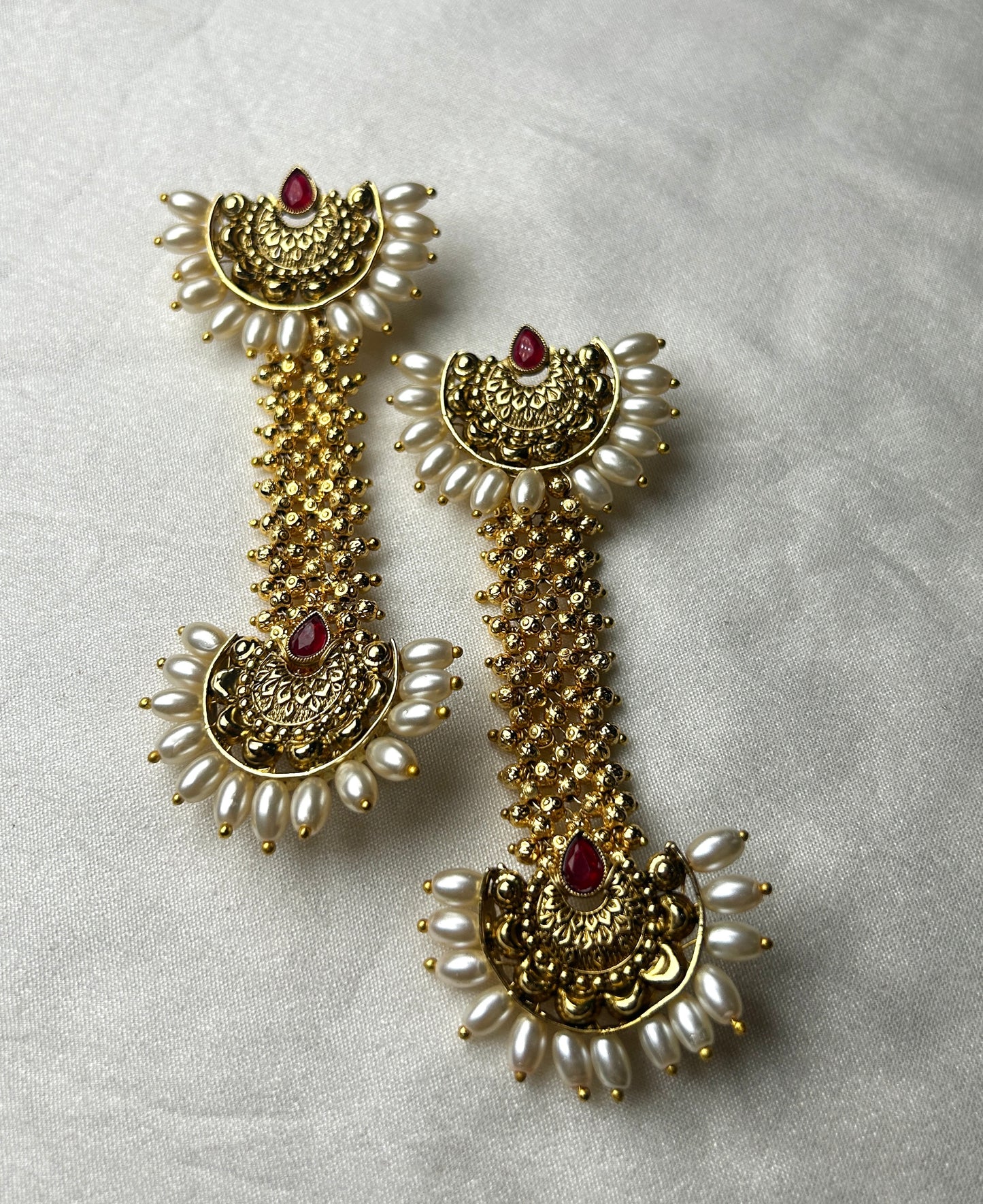 Grand Pakke Temple Long Earrings – Pearl Petal Edition