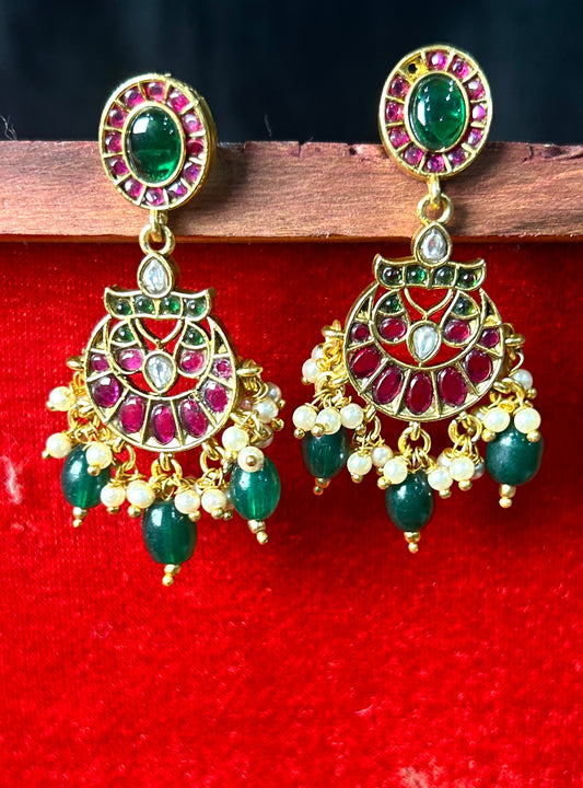 Kundan Meenakari Chandbali Earrings with Pearls & Beads