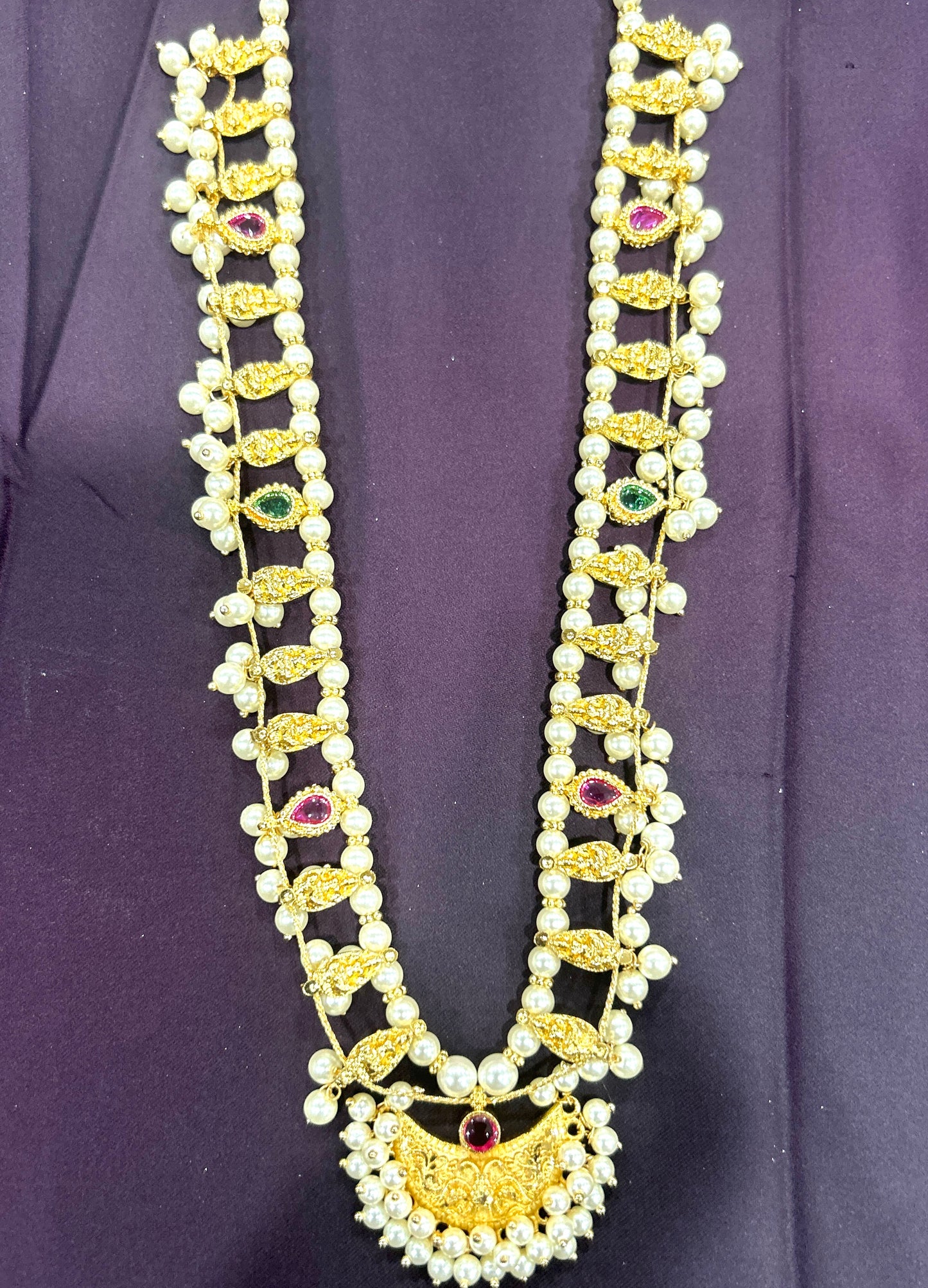 Pearl & Stone Traditional Haar with Half-Moon Pendant