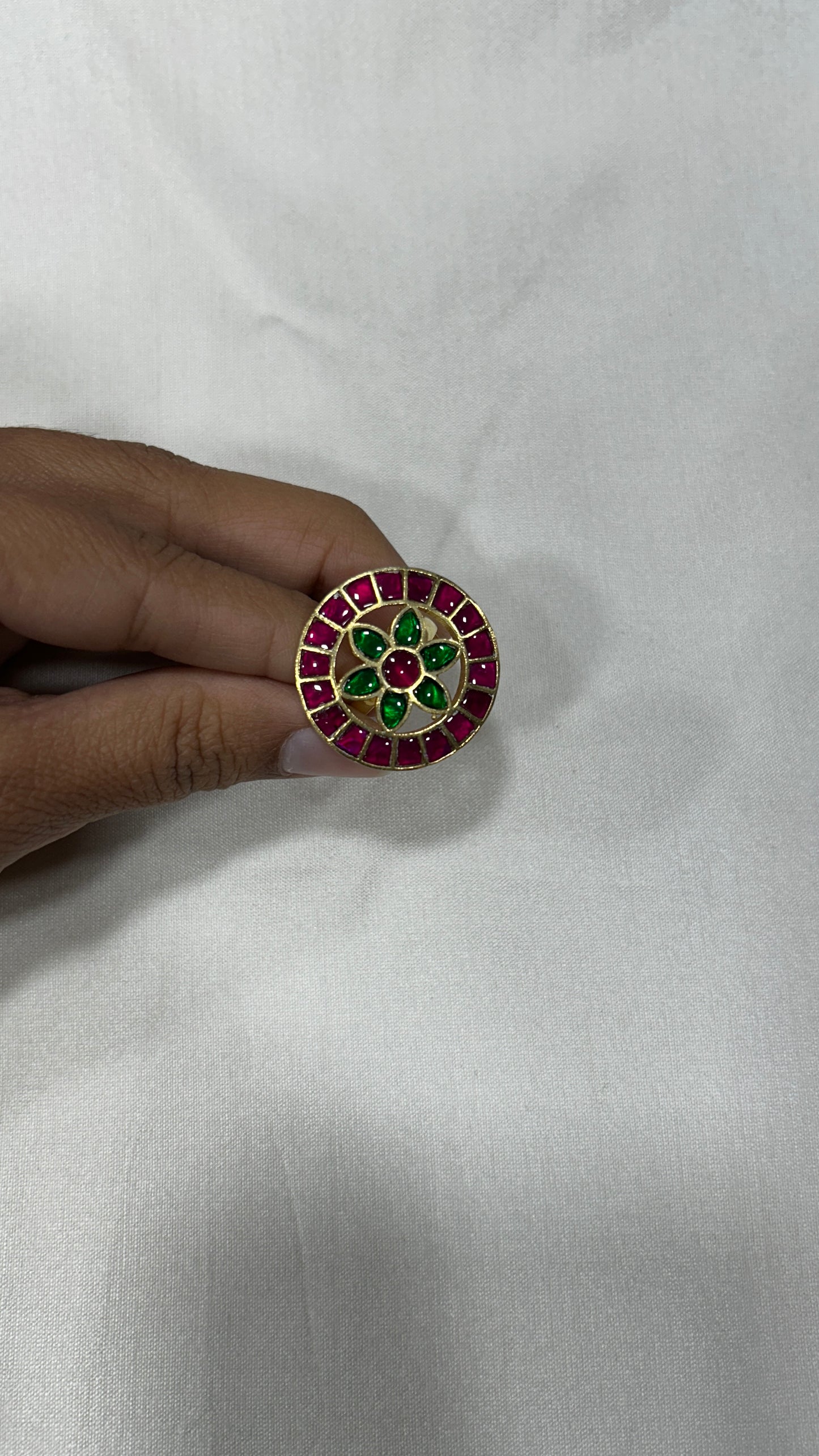 Classic Ruby–Emerald Circular Kundan Ring