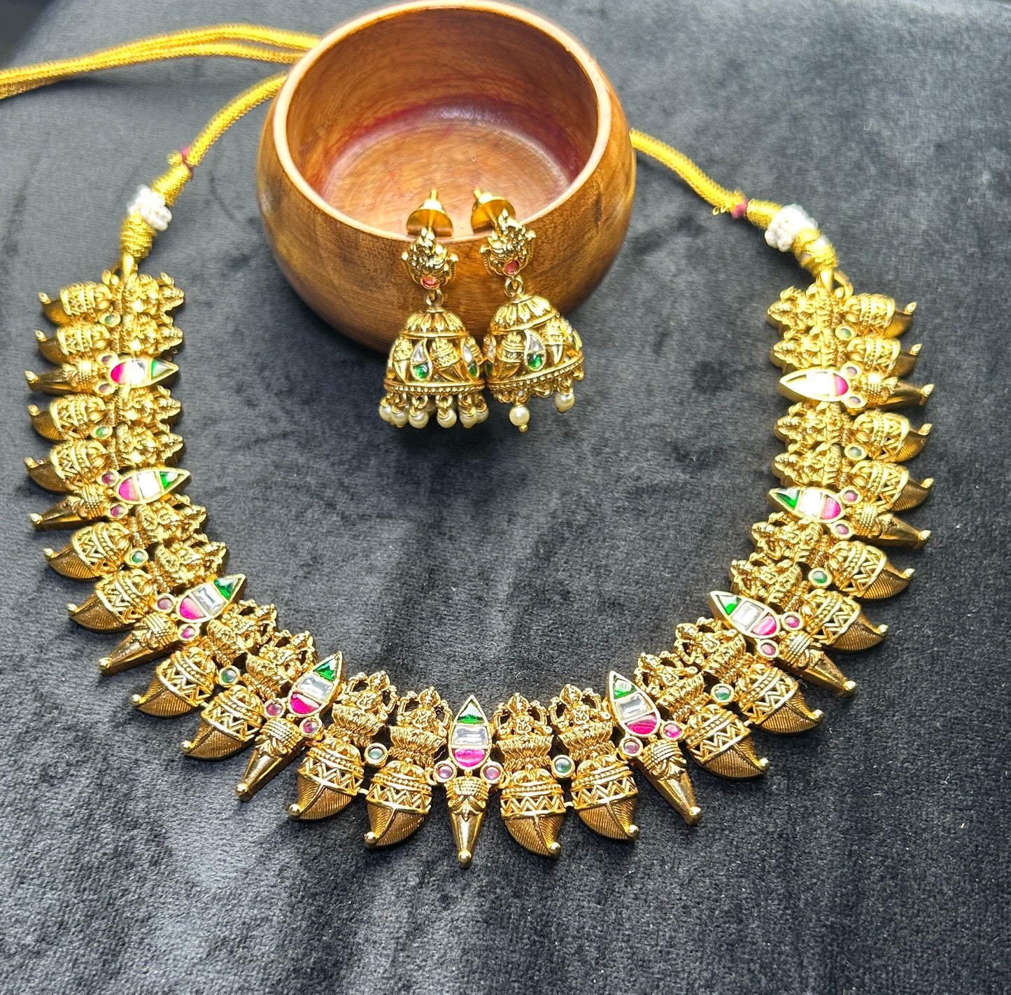 Traditional Lakshmi Necklace Set – Antique Finish with Jhumka Earrings