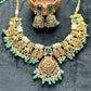 Divine Lakshmi Temple Necklace Set with Lion & Elephant Motifs – Green Stone Highlights
