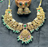 Divine Lakshmi Temple Necklace Set with Lion & Elephant Motifs – Green Stone Highlights