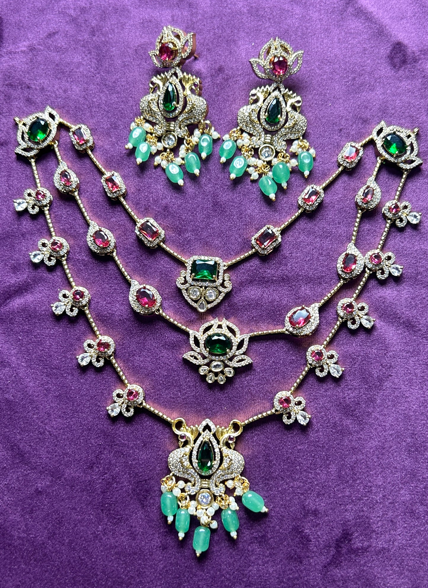 Multilayer Ruby-Emerald Stone Necklace Set with Earrings