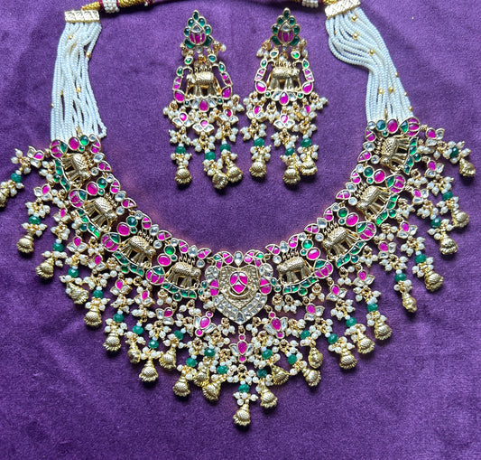 Grand Pachikundan Bridal Necklace Set with Temple Chariot Motifs