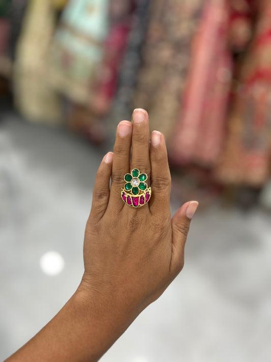 Emerald Bloom Ruby Kundan Ring