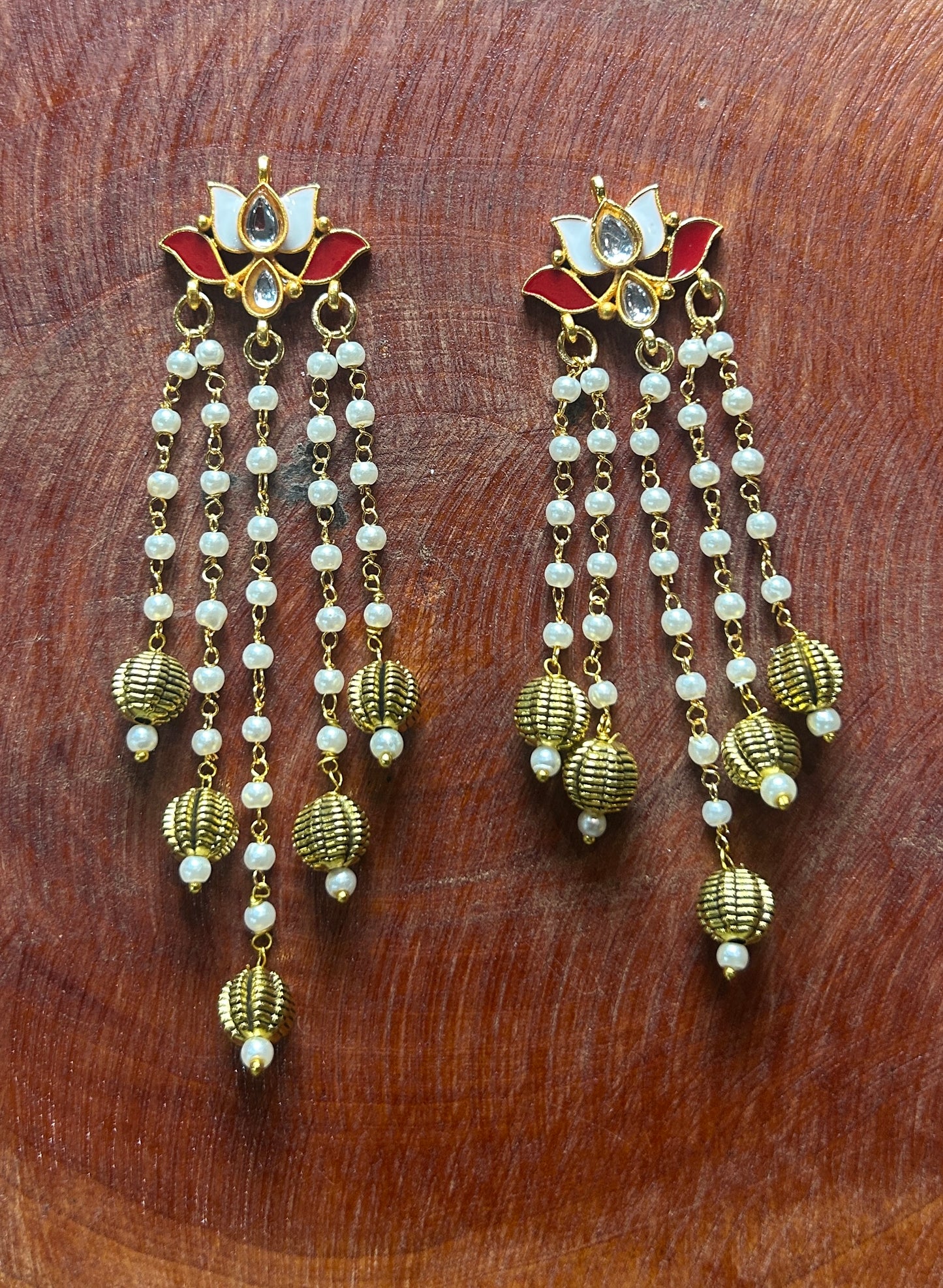 Lotus Long Hair Accessory with Pearl Chains & Golden Bead Drops