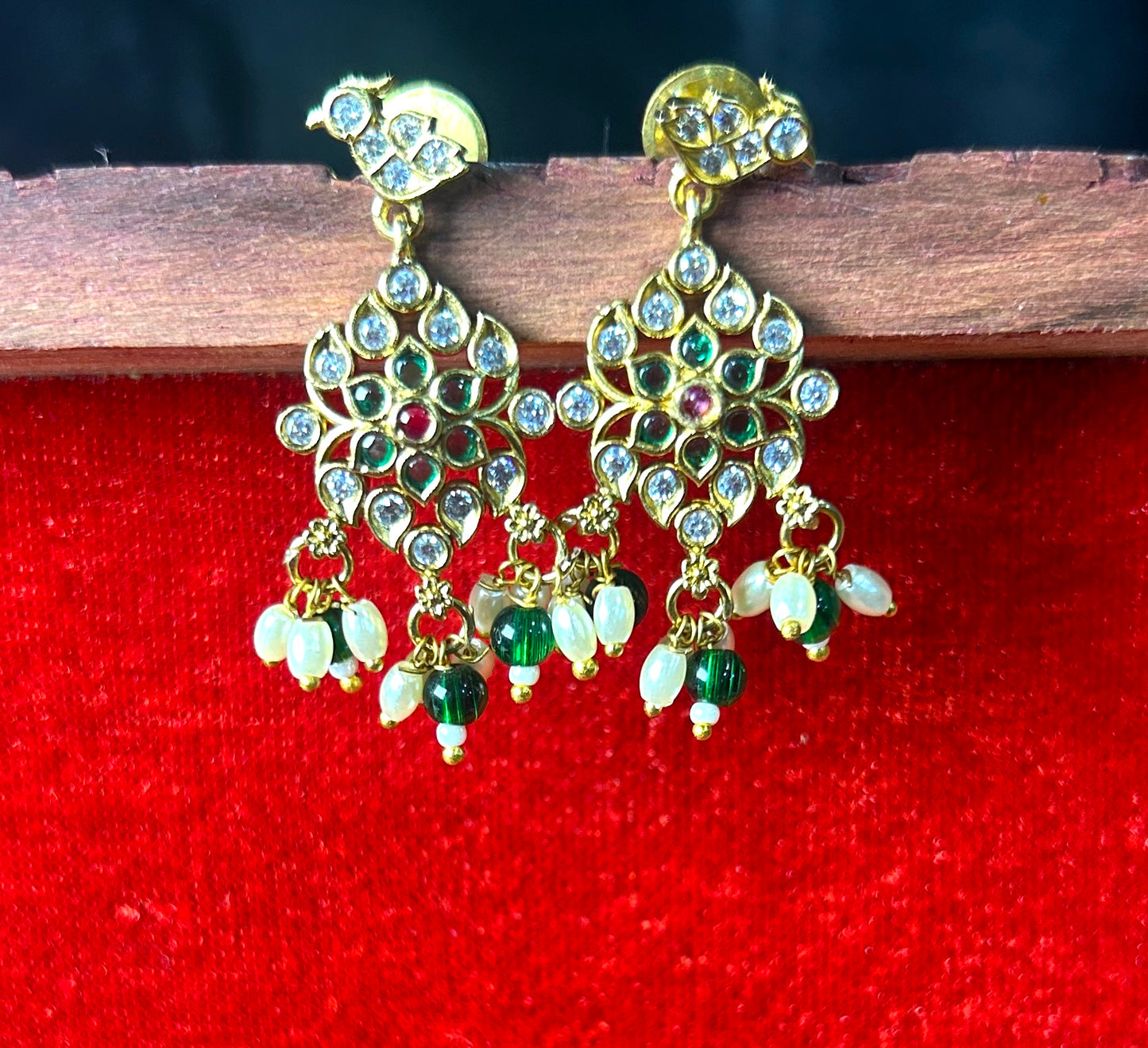 Peacock-Inspired Kundan Earrings with Bead Danglers