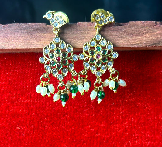 Peacock-Inspired Kundan Earrings with Bead Danglers