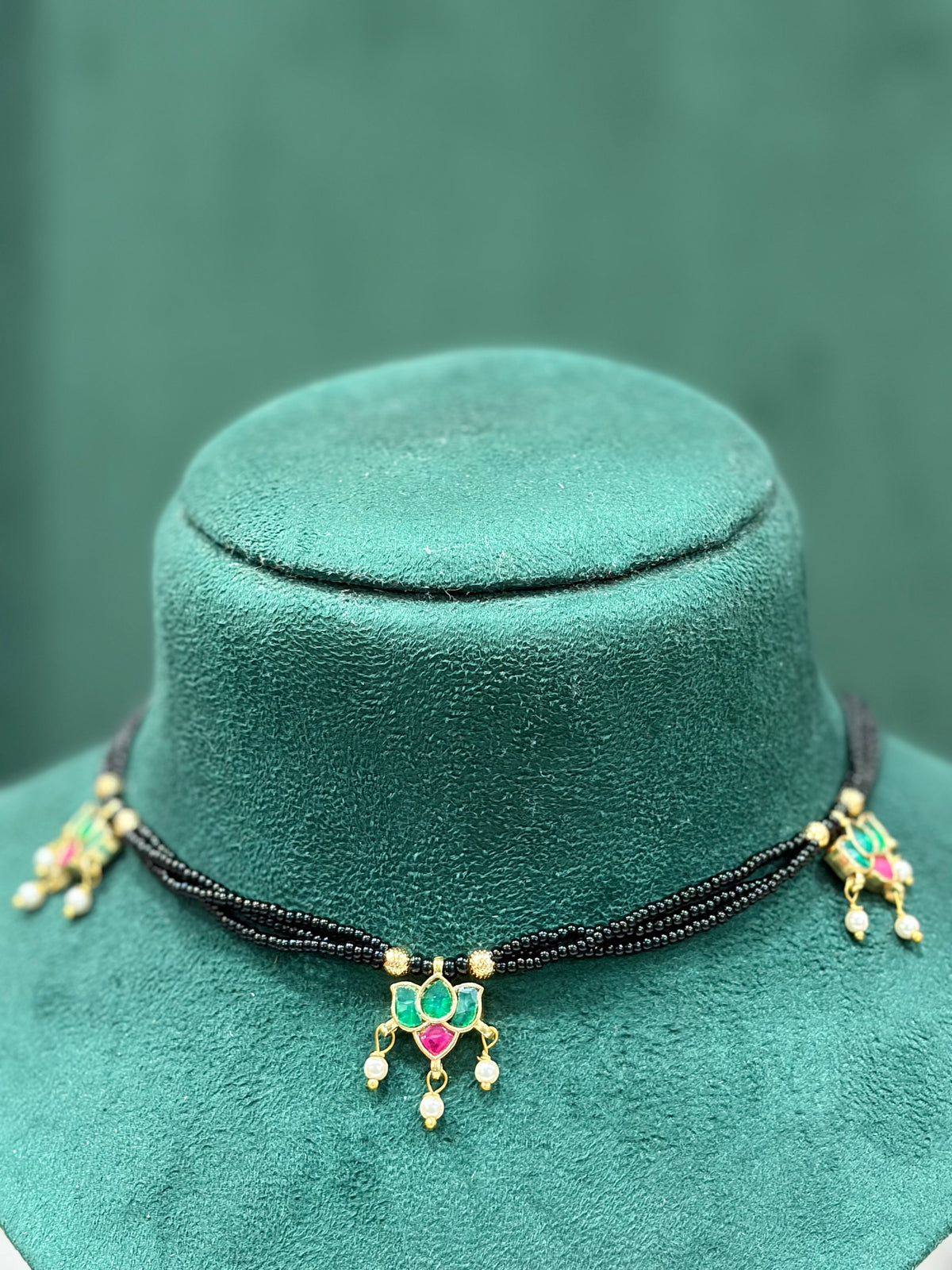 Green & Pink Stone Black Beaded Necklace – Maharashtrian Mangal Sutra Style