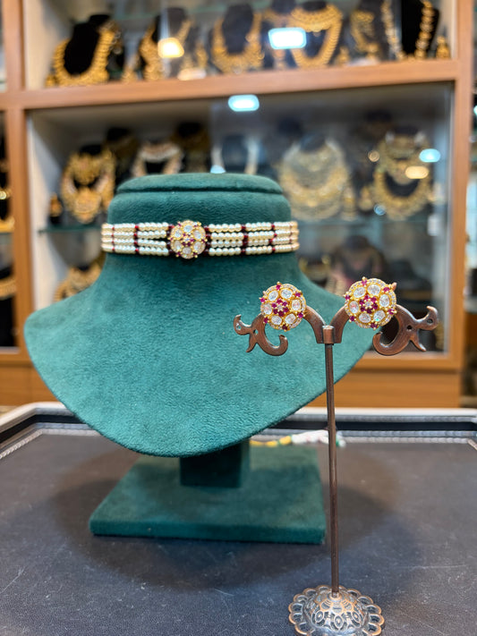 Emerald Pearl Choker Set with Statement Earrings