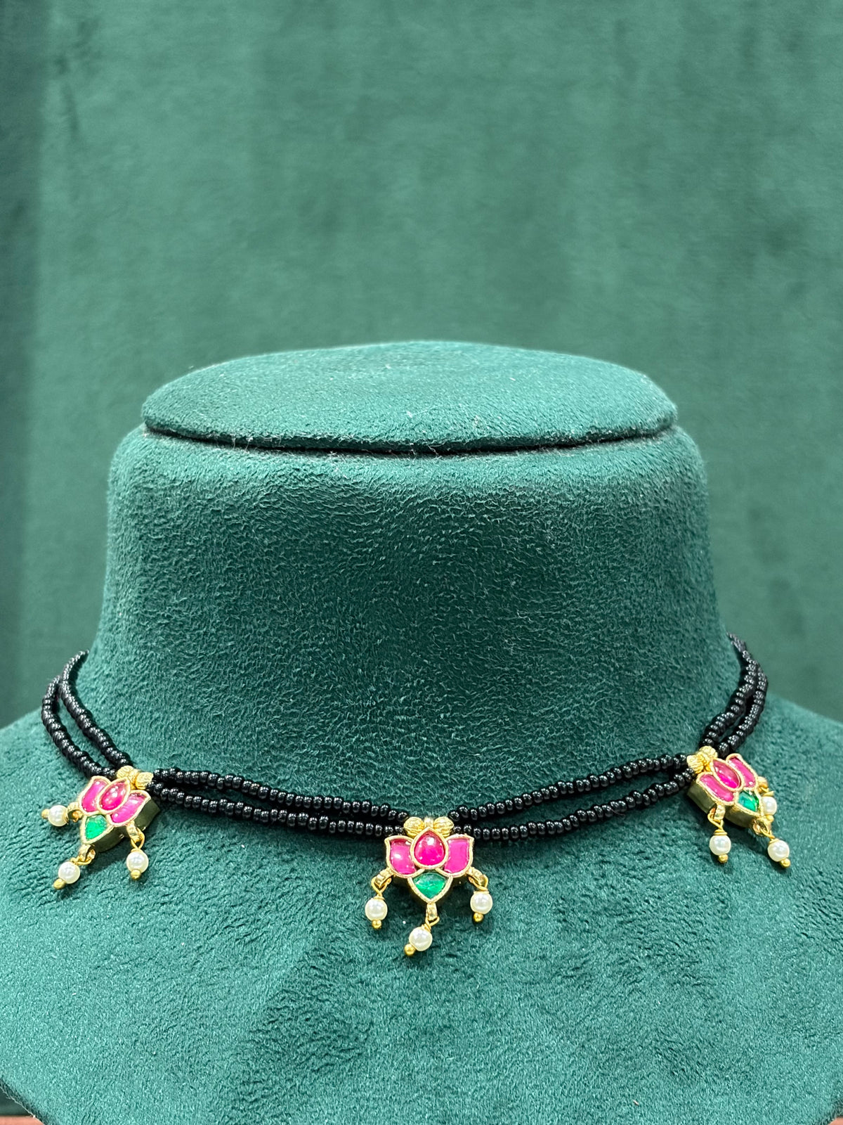 Pink Lotus Double Layer Black Beads Mangalsutra with Pearl Drops