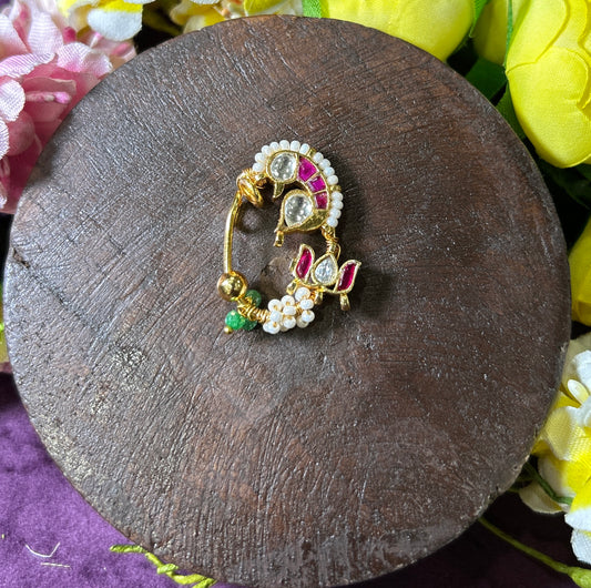 Pink Kundan Pearl Maharashtrian Nath with Green Bead Detailing