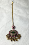 Floral Kundan Maang Tikka with Green Center & Golden Ghungroo