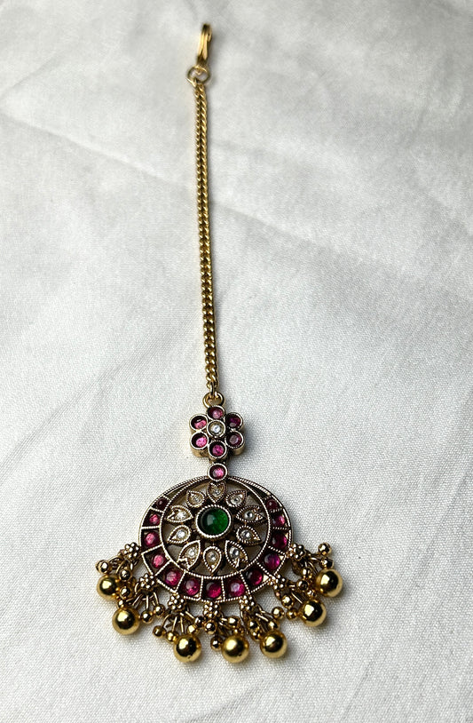 Floral Kundan Maang Tikka with Green Center & Golden Ghungroo