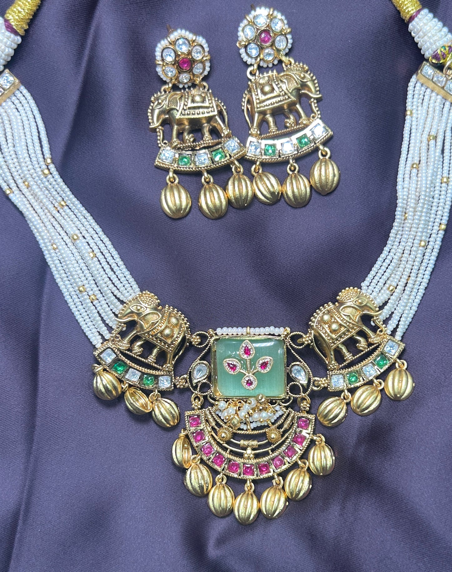 Elephant Motif Pearl Strand Necklace Set