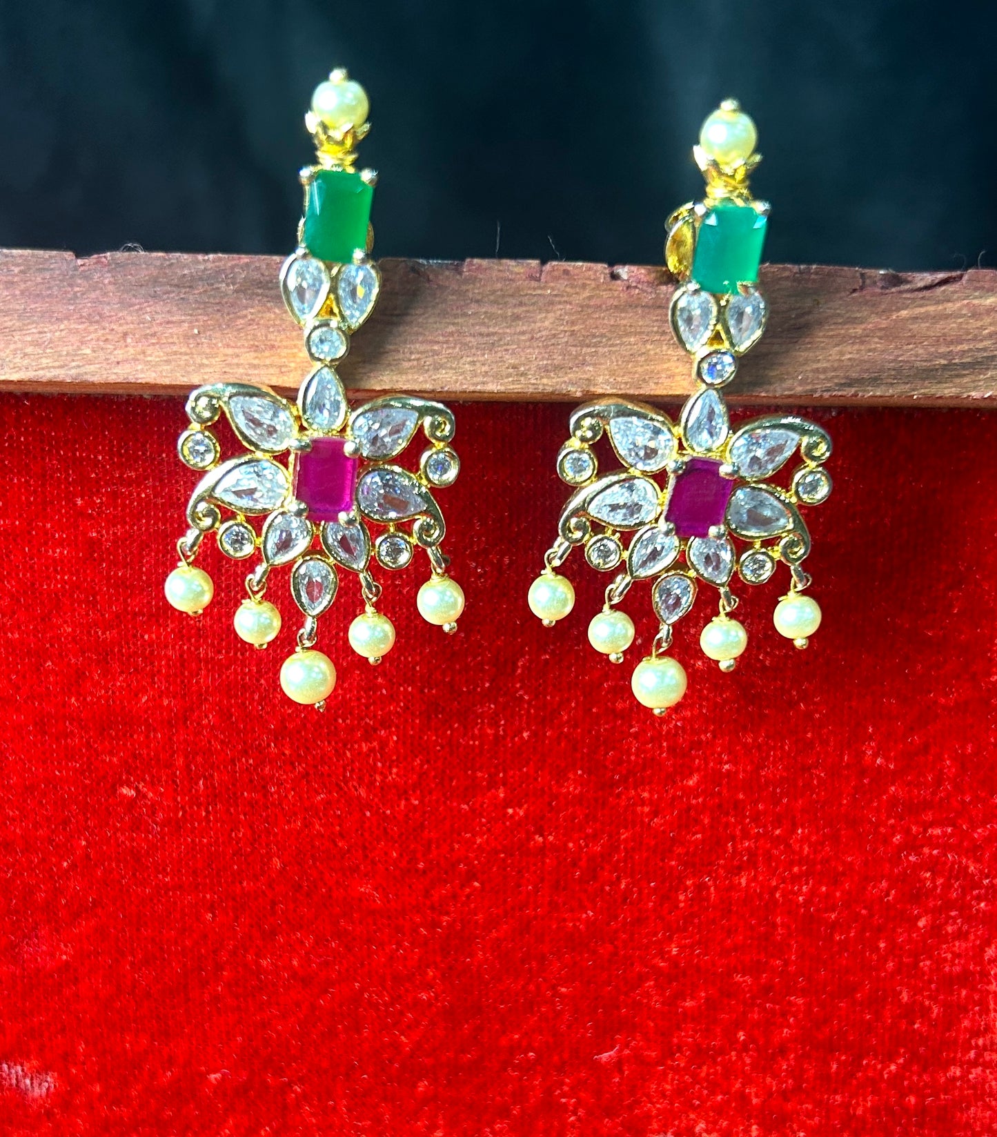 Floral Kundan Earrings with Emerald, Ruby & Pearl Drops