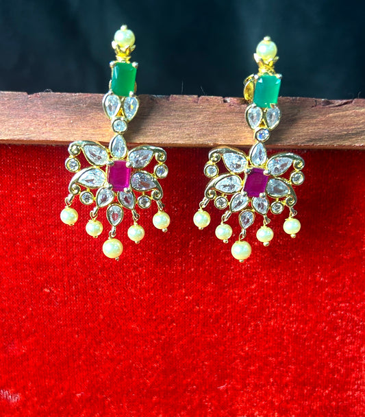 Floral Kundan Earrings with Emerald, Ruby & Pearl Drops