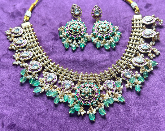 Kundan Mesh Choker Necklace Set with Green Drop Beads