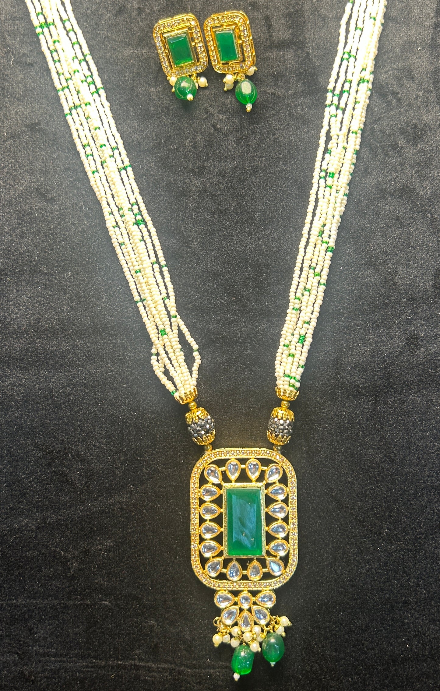 Emerald Pearl Strands Kundan Pendant Set