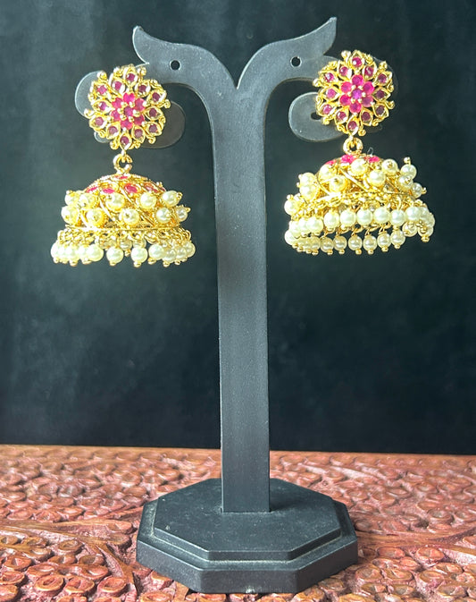 Ruby Floral Jhumkas with Pearl Layers