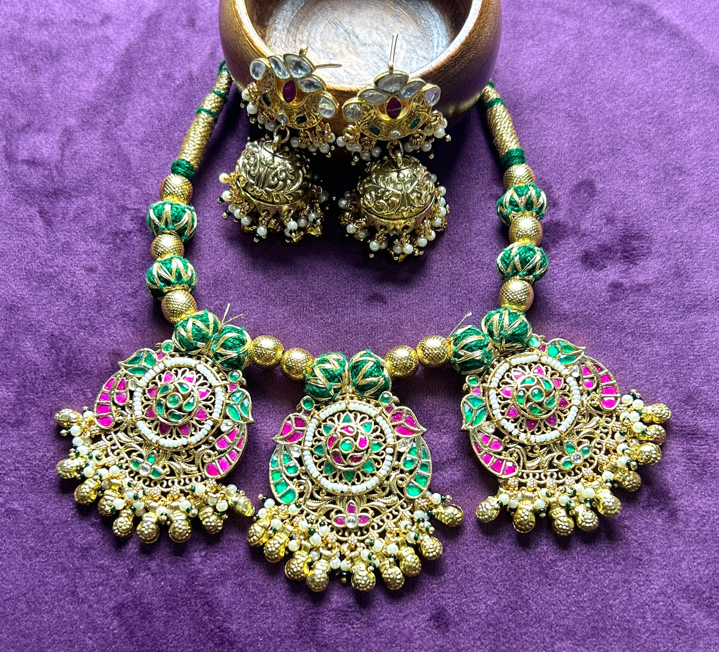 Traditional Pachikundan Necklace Set with Lotus Motifs & Jhumka Earrings