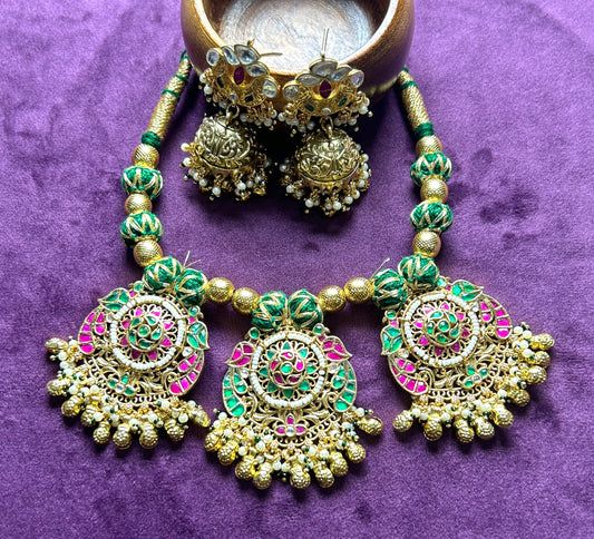 Traditional Pachikundan Necklace Set with Lotus Motifs & Jhumka Earrings