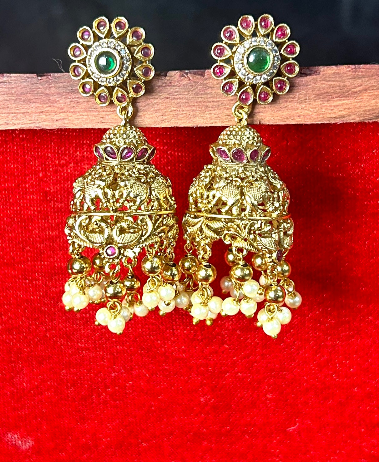 Peacock Motif Temple Jhumkas with Pearl Drops
