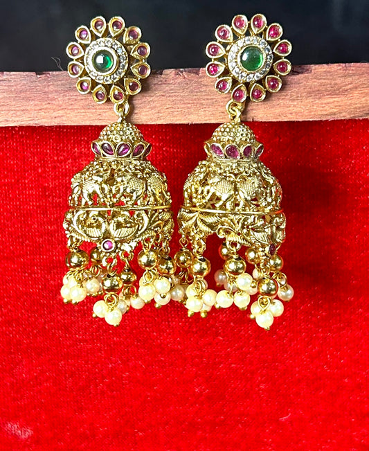 Peacock Motif Temple Jhumkas with Pearl Drops