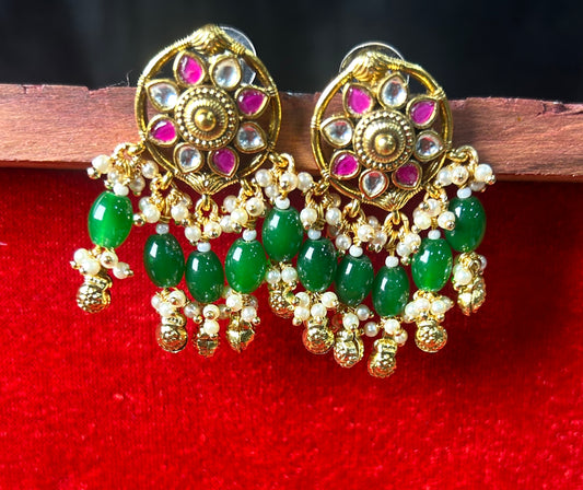 Floral Kundan Earrings with Green Beads & Pearls