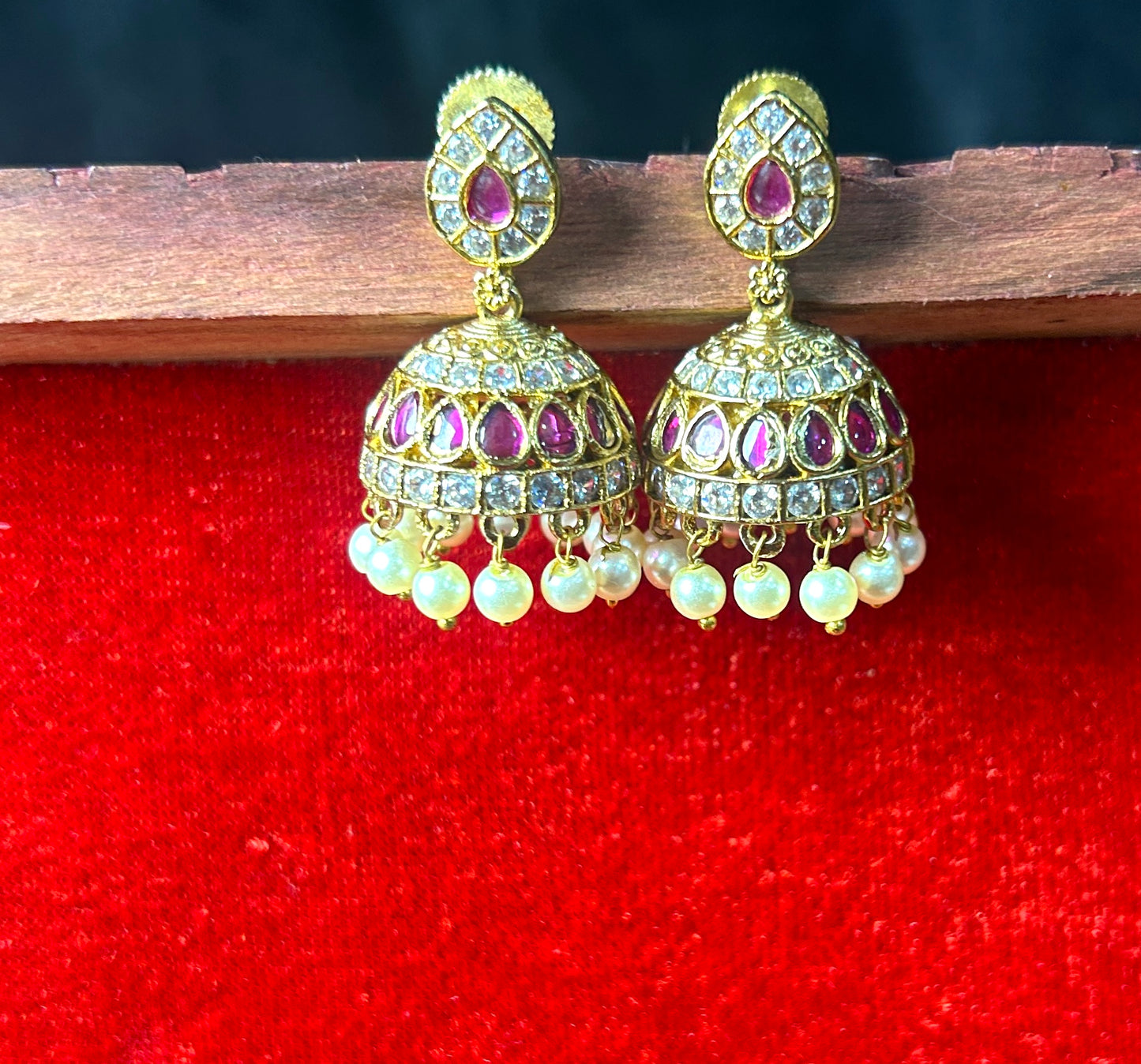 Ruby Stone Jhumka Earrings with Pearls