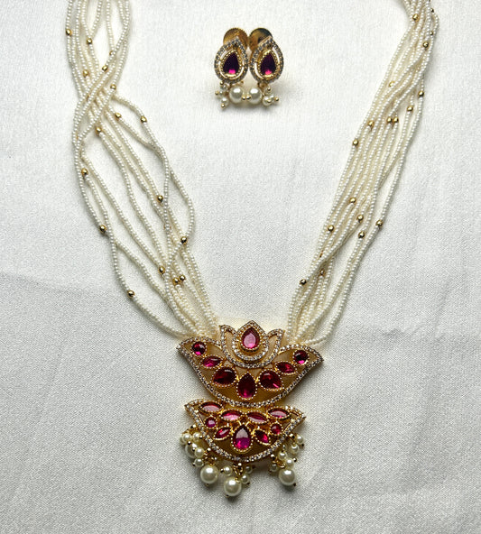 Royal Pink Stone Pearl Mala Set
