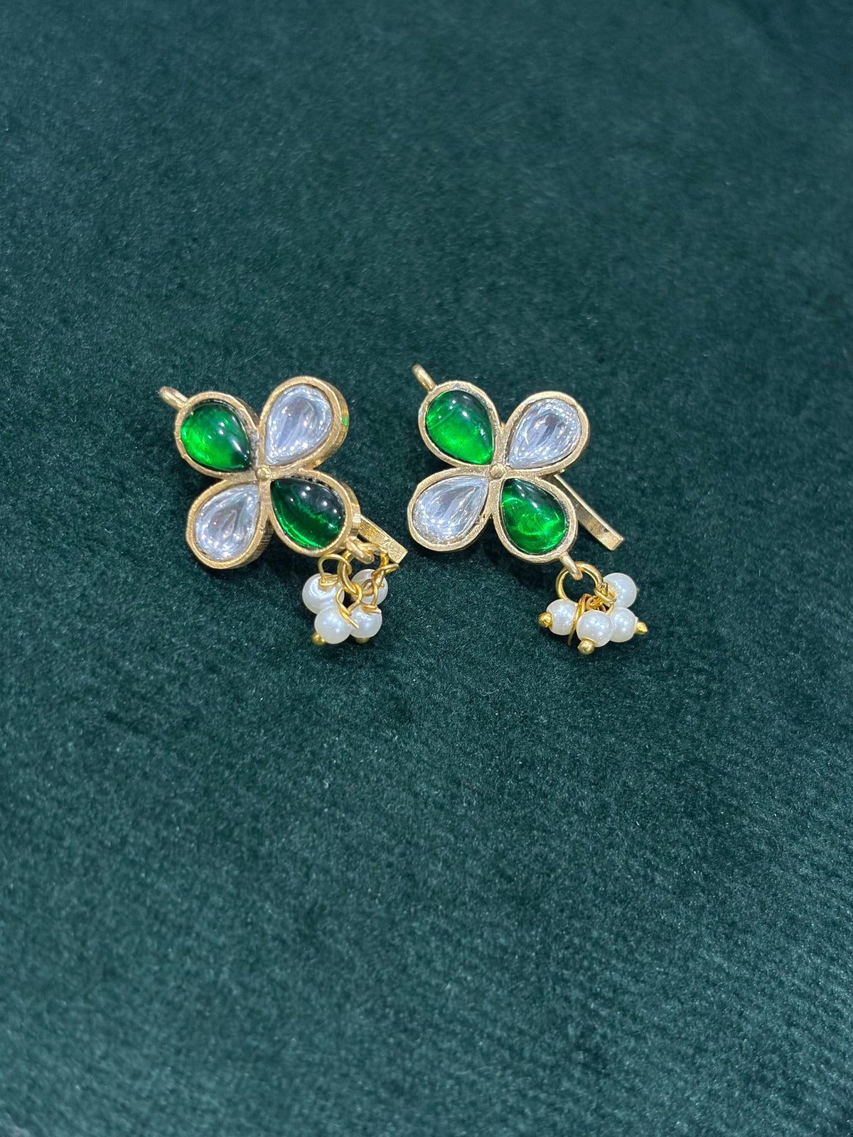 Green & White Stone Bugadi with Pearl Drops