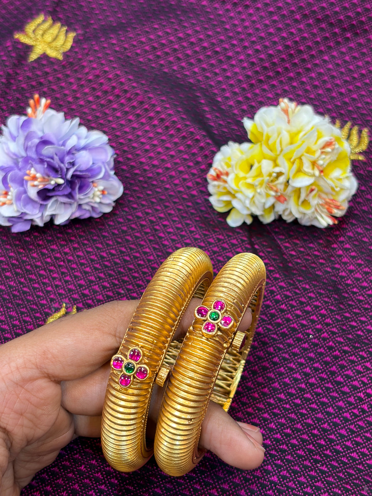 Traditional Gold Finish Bangles with Ruby & Green Stone Floral Accents